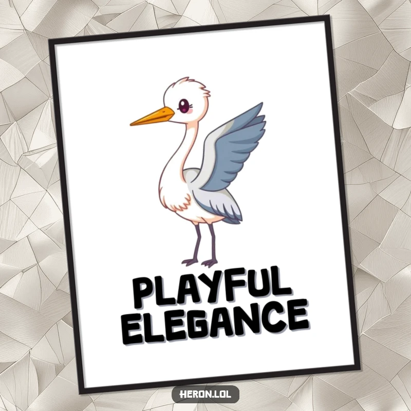 Funny Kawaii Heron Digital Art Print of a long-necked heron looping playfully in the air, ideal for digital display and printable decor.