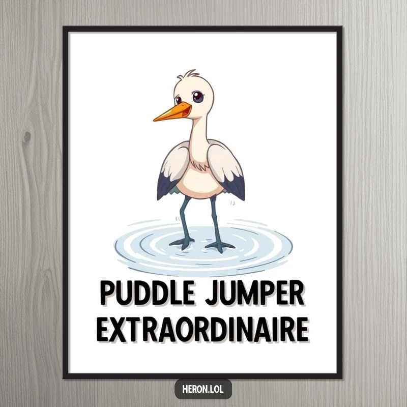 Funny Digital Art Print of a heron wading playfully through shallow water, giggling, symbolizing pure joy and humorous delight.