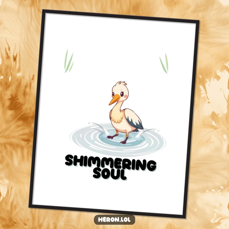 Funny heron digital art print of a bird playfully splashing in a shimmering pond, a humorous and lively wall art.