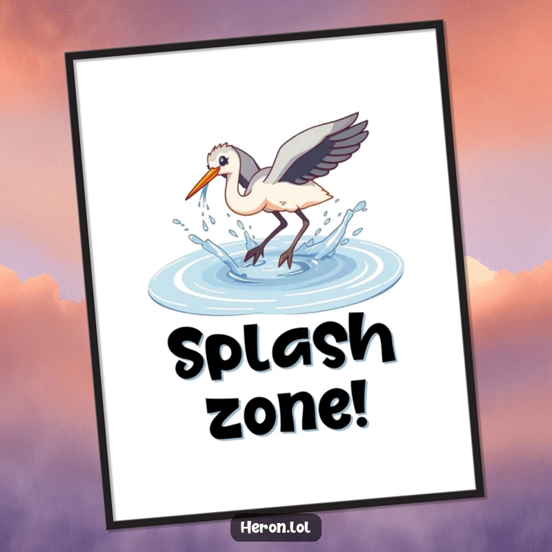 Funny Clumsy Dive Heron Digital Art: A heron performs a clumsy dive into a puddle, sending water everywhere.