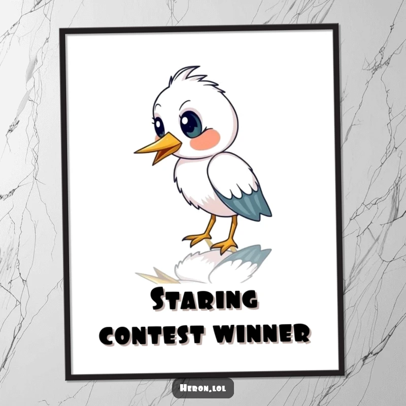 Funny digital art print of a cute heron bird with an astonished expression staring at its reflection, adding quirky decor.