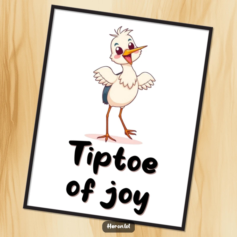 Funny Digital Art Print of a delighted heron doing a silly tiptoe dance, offering immediate decorative cheer and humor.