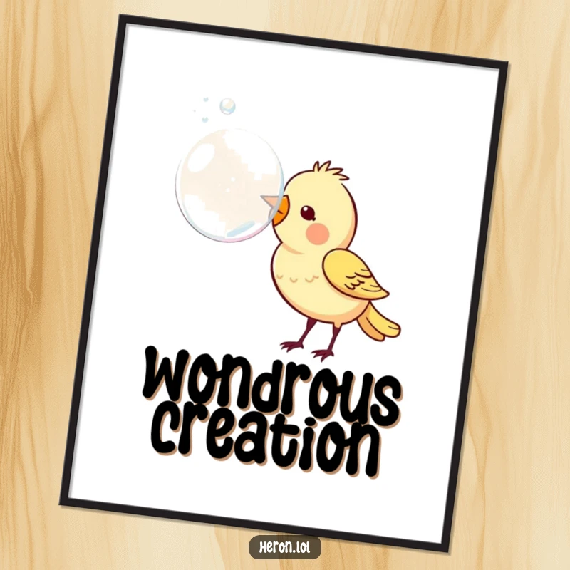 Funny digital art print of a small bird joyfully blowing a large, transparent bubble from its beak, capturing a moment of pure, playful enchantment.