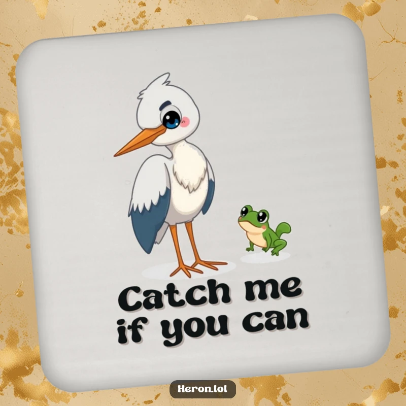 Funny Heron Coasters: A sly heron grins, observing a tiny frog leaping away from its gaze.