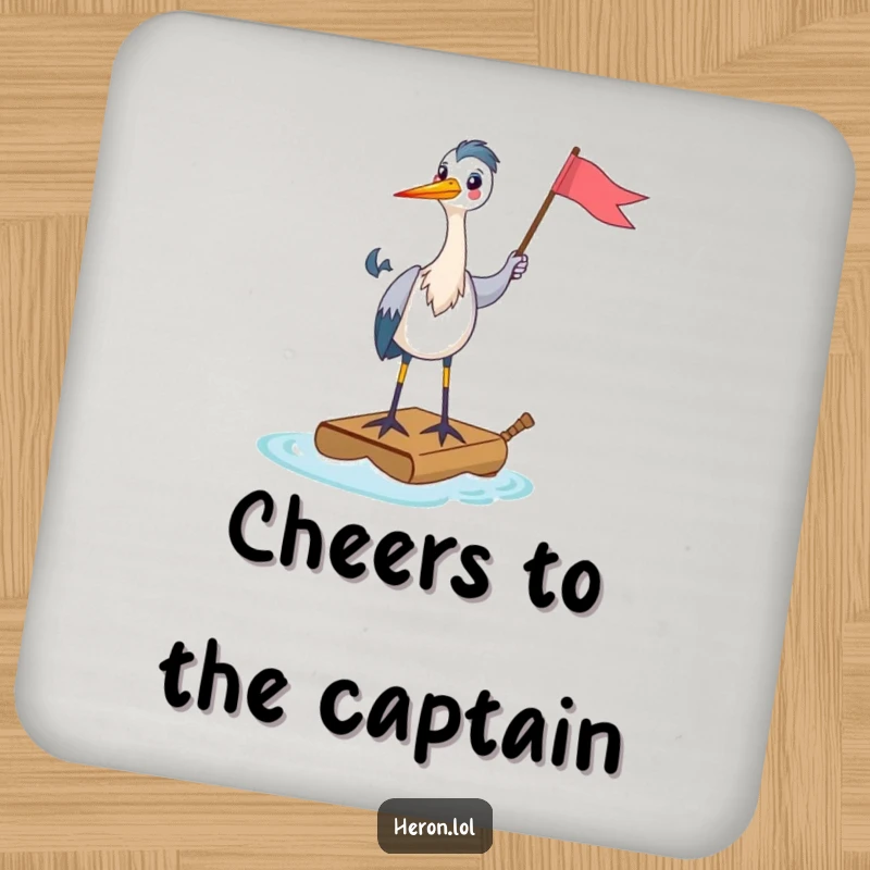 Funny Drink Coaster set illustrating a happy heron on a tiny raft, holding a flag, offering humorous protection for surfaces.