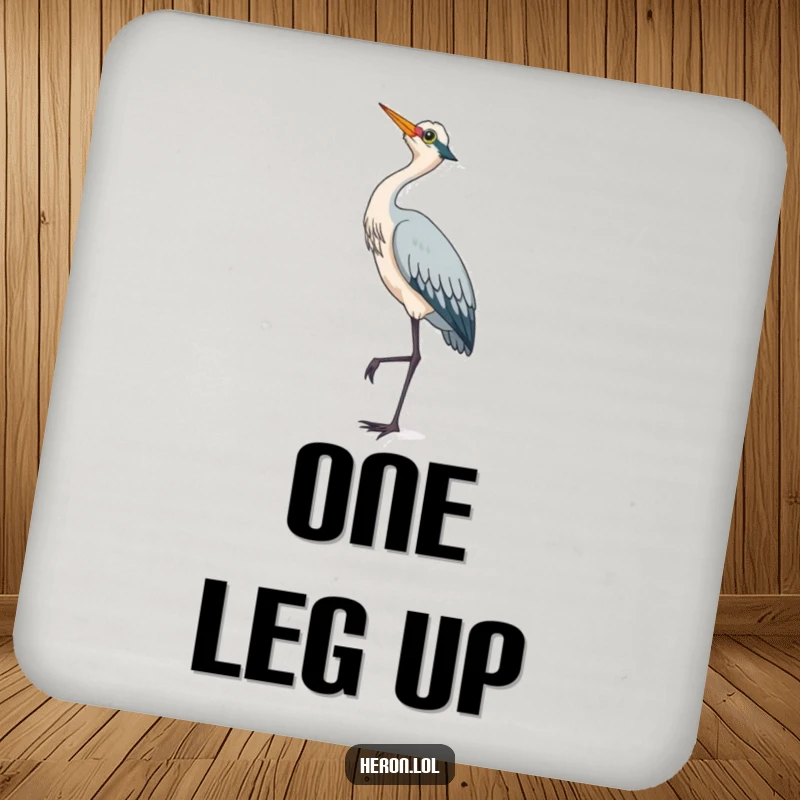Cute heron standing on one leg, looking up at the sky, a charming and protective drink coaster.