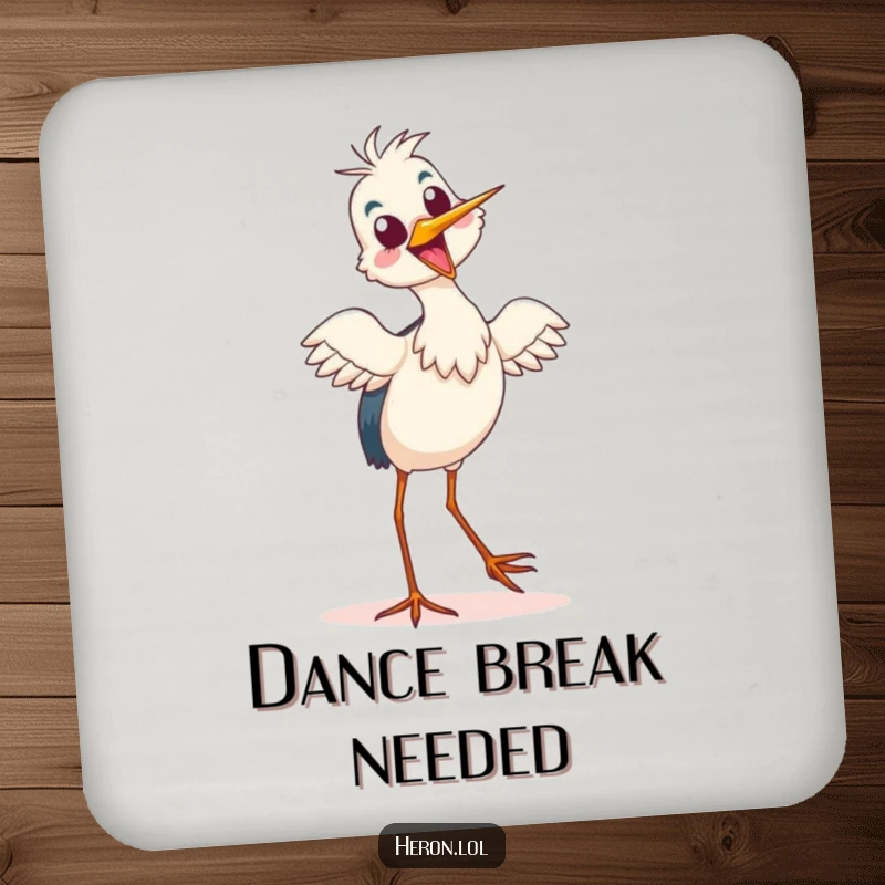 Funny Drink Coaster with a delighted heron performing a silly tiptoe dance, adding a cheerful and humorous touch to surfaces.