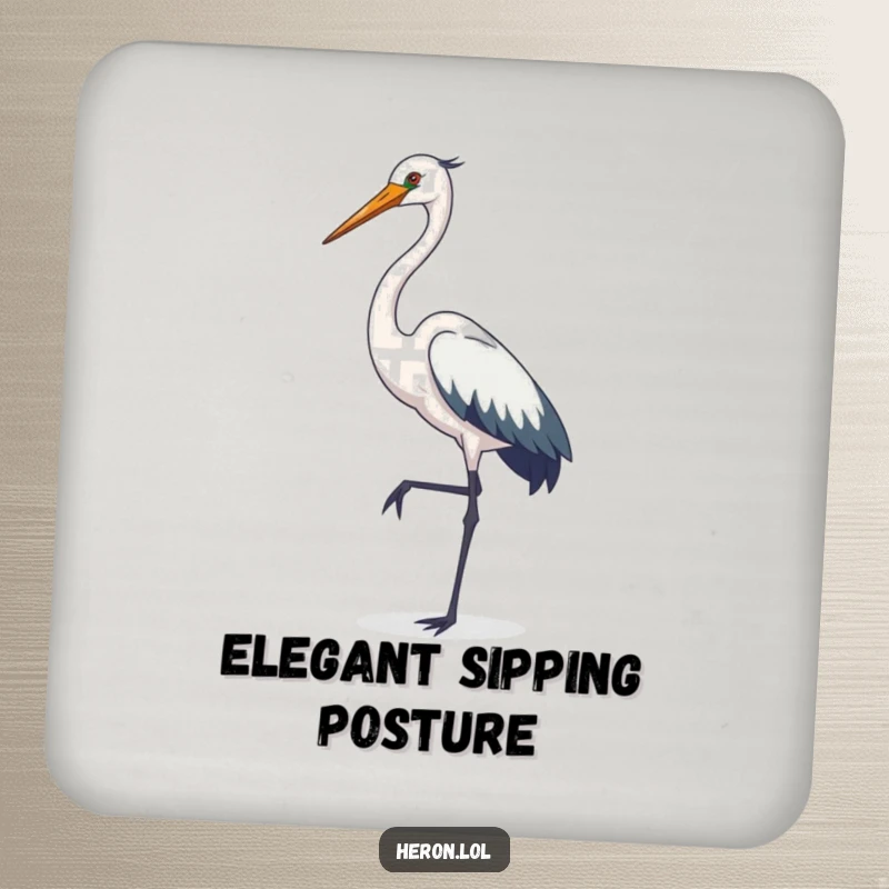Funny heron coasters, elegant bird posing on one leg, sophisticated cartoon design, table protection, gift for hosts.