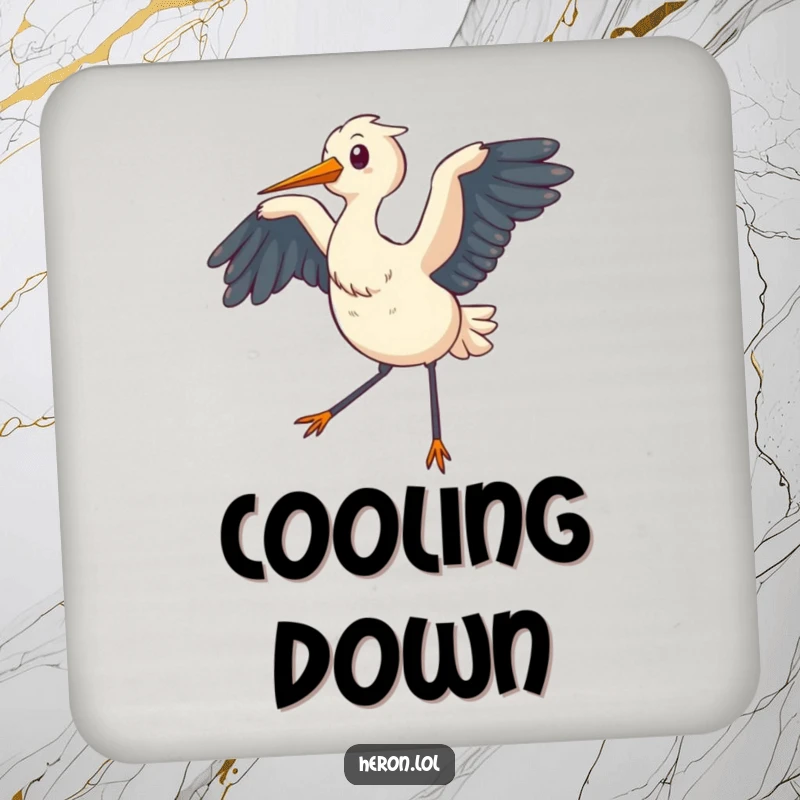 Funny Coaster depicting a chubby heron flapping its wings, creating a gentle breeze, adding a touch of calm to your table.
