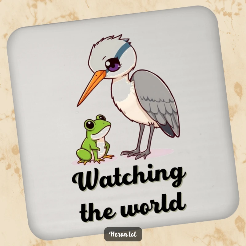 Funny Heron and Frog Coaster: Heron bird curiously observing a tiny frog, drink protection, wildlife humor, funny gift.