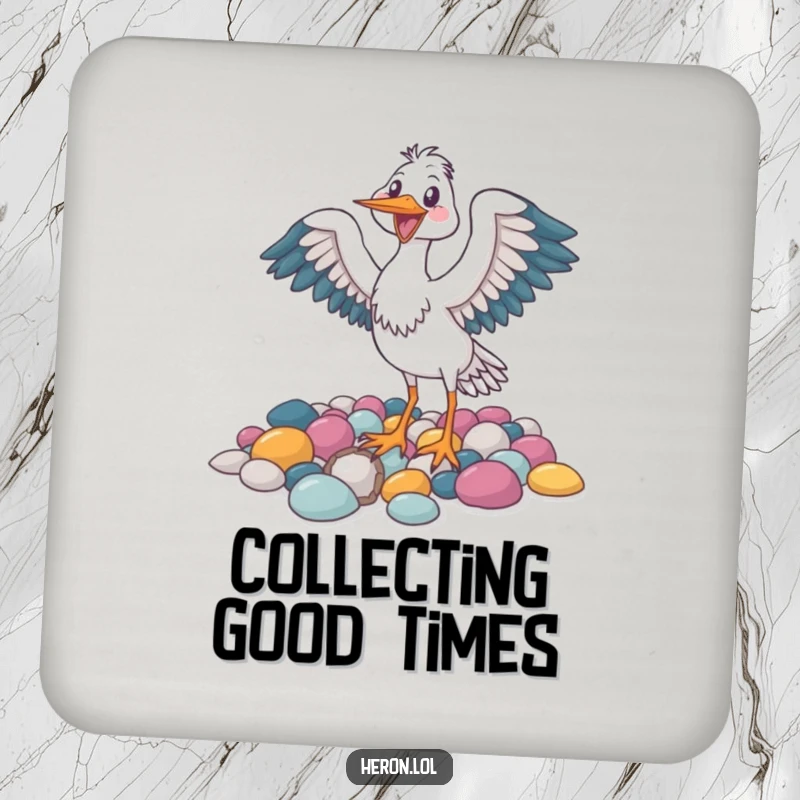 Funny drink coaster showcasing a joyful heron bird flapping its wings near colorful pebbles, bringing cheer to your drinks.