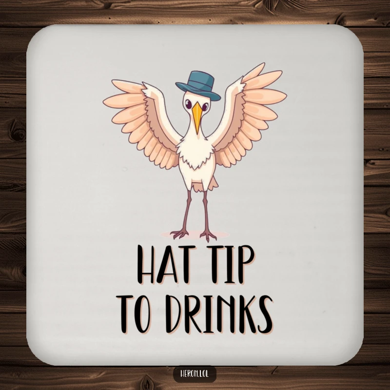 Funny drink coaster showcasing a heron with spread wings awkwardly balancing a tiny hat, protecting surfaces with avian humor.