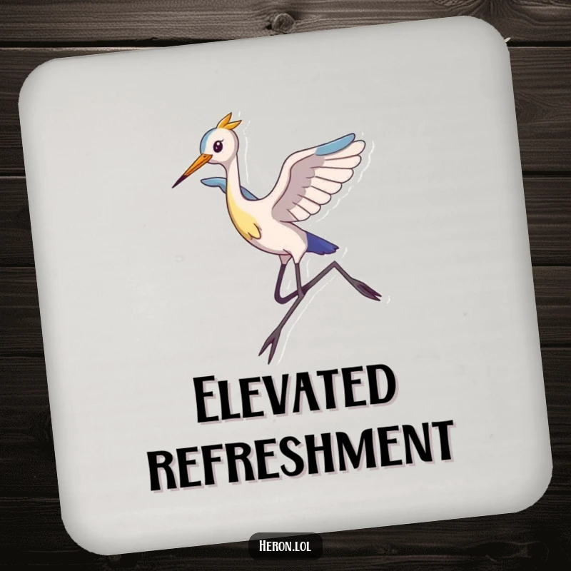 Funny Drink Coaster set illustrating a slim heron with long legs mid-leap, providing humorous protection for surfaces with a touch of bird-themed comedy.