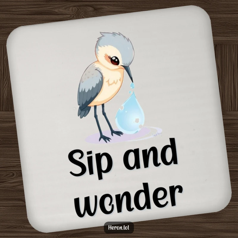 Funny Heron Coaster: Curious bird peers into a magical dewdrop, adding whimsical elegance and humor to surfaces.