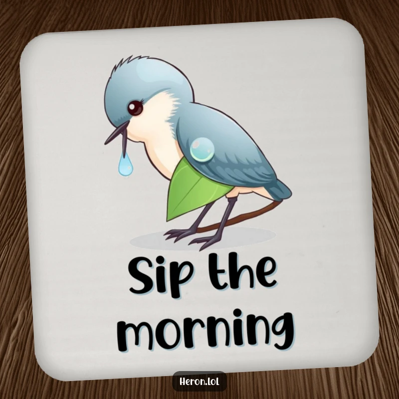 Funny Drink Coaster with a heron focused on a dewdrop, adding a humorous touch to your coffee table or bar.