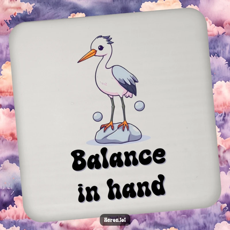 Funny drink coaster set featuring varied depictions of a heron hilariously trying to juggle small stones with its legs, bringing laughter to your table.
