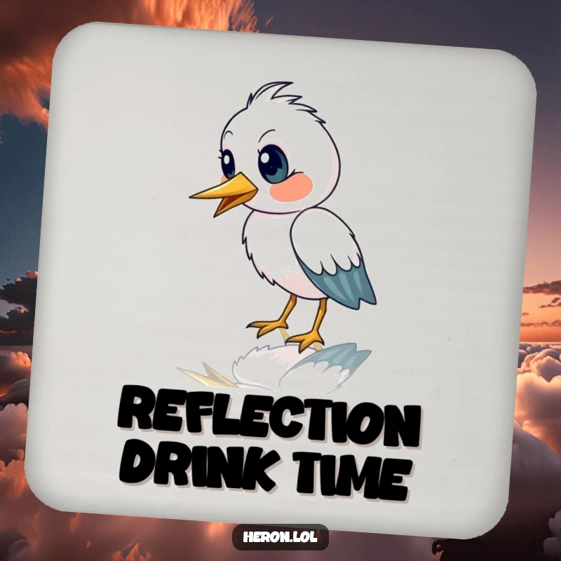 Funny drink coaster with a cute heron bird looking astonished at its reflection, offering surface protection with humor.