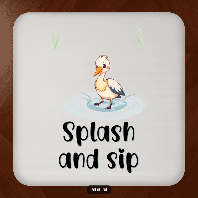 Funny heron coaster featuring playful splashing in a pond, a humorous and protective table accessory.