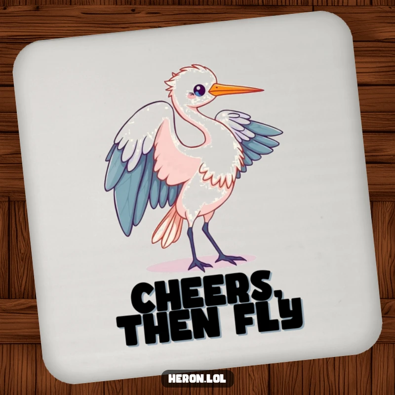 Funny Kawaii Heron Coaster: Bird in elegant wing unfurling motion on a coaster, protecting furniture with humorous grace.