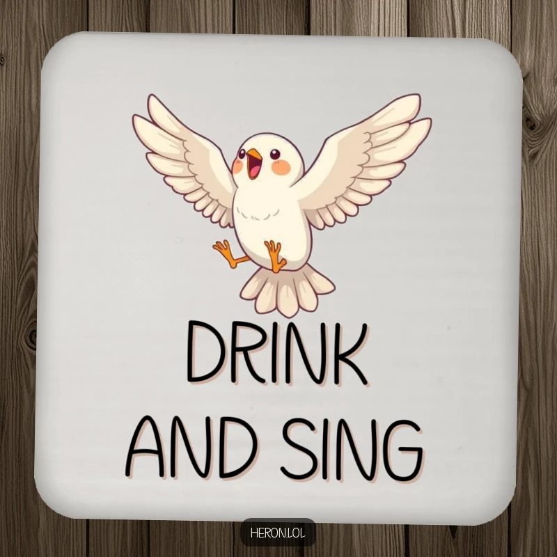 Funny drink coaster showcasing a bird leaping mid-song, wings outstretched in a vibrant musical moment, protecting surfaces with style.