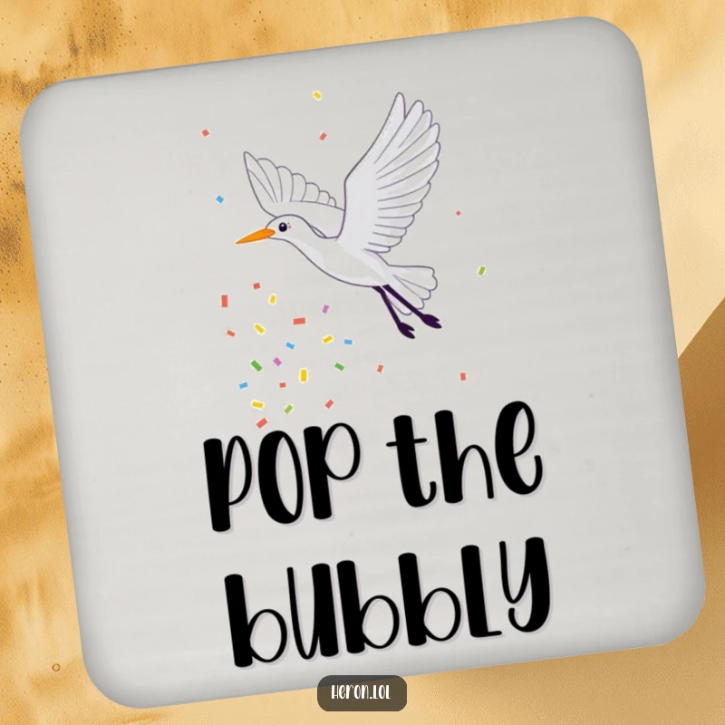 Funny Drink Coaster featuring a heron in flight with a trailing cascade of colorful confetti, perfect for adding a celebratory vibe to beverages.
