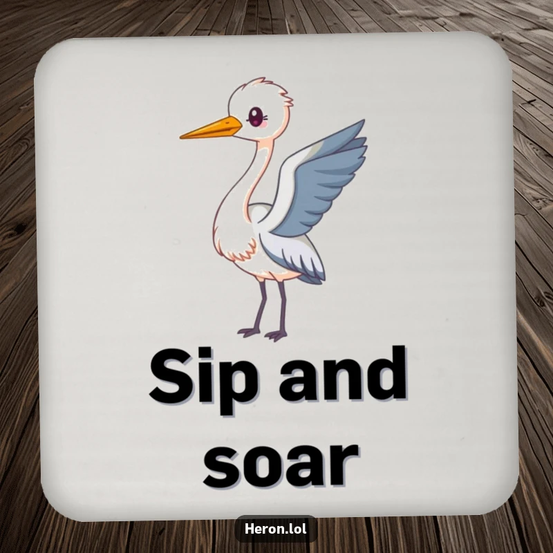 Funny Kawaii Heron Coasters featuring a long-necked heron looping playfully, protecting surfaces with cute humor.
