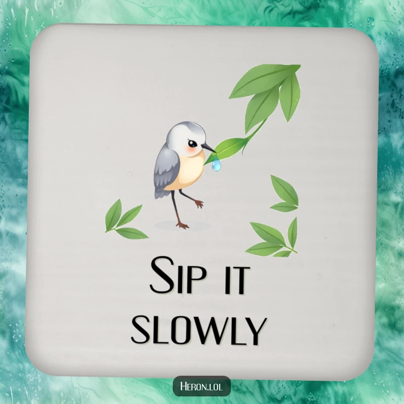 Funny Heron Coaster: A heron focused on a dewdrop, designed to protect surfaces with elegant and natural charm.