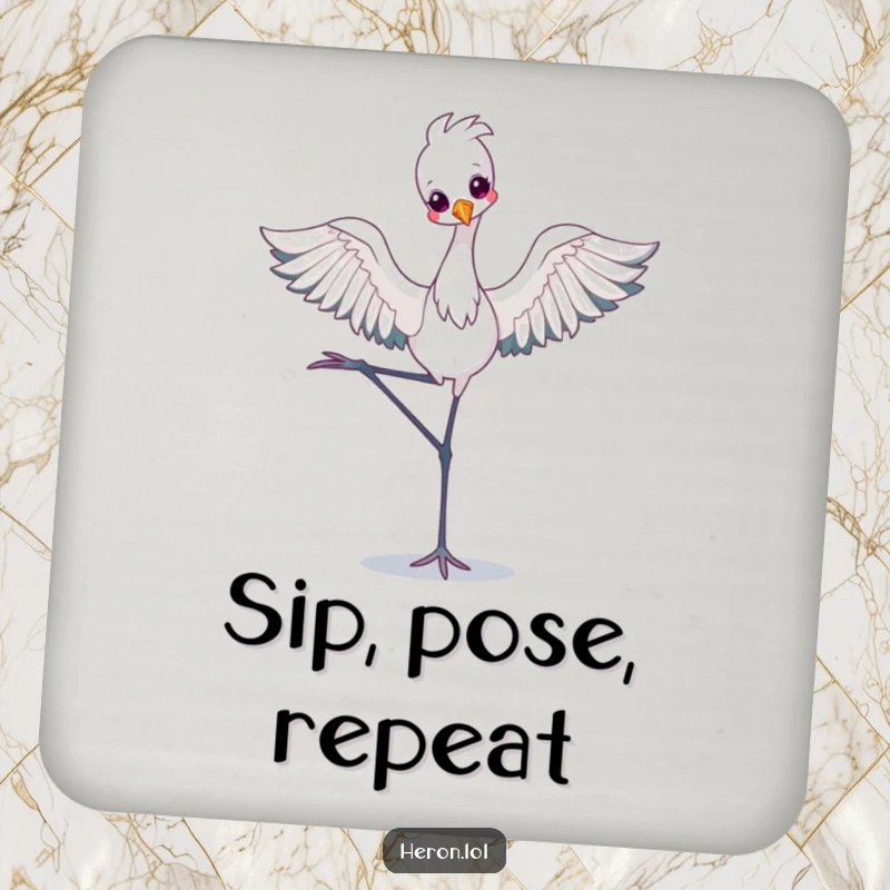 Funny Drink Coaster set featuring a kawaii heron in a ballet pose, offering cute, humorous protection for surfaces during gatherings.