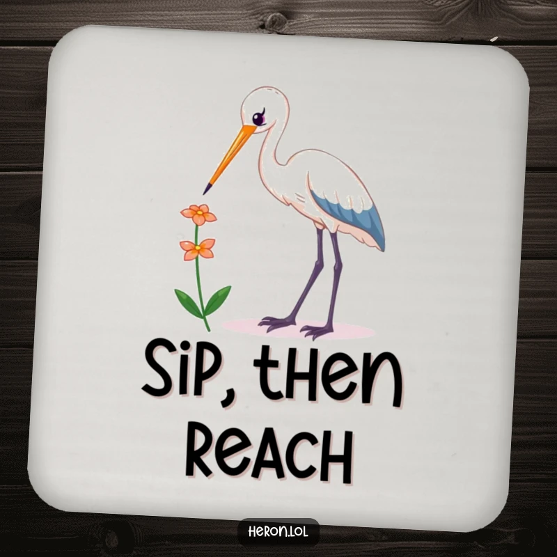 Funny Kawaii Heron Coaster: Cute bird reaching for a flower on a coaster, protecting furniture with humorous style.