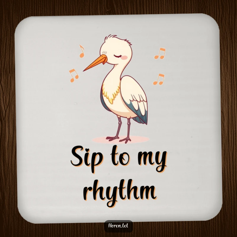 Funny drink coaster with a cute heron character bobbing its head rhythmically, protecting surfaces with a calm, nature-themed design.