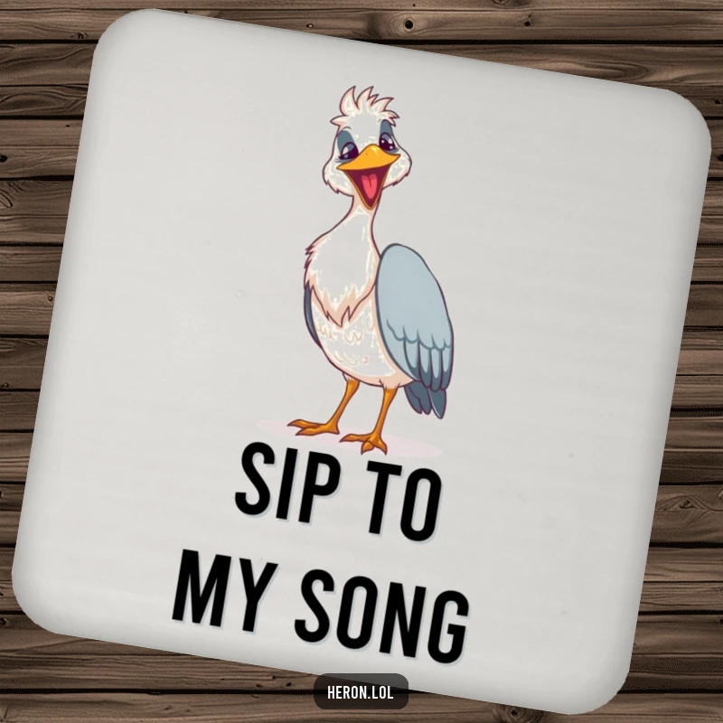 Funny goofy heron coaster featuring a bird singing a loud song, a humorous and protective table accessory.