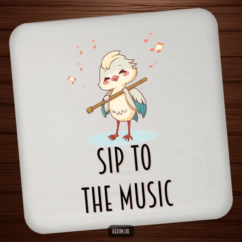 Funny joyous heron playing a flute made of a reed, with musical notes floating on a protective drink coaster.