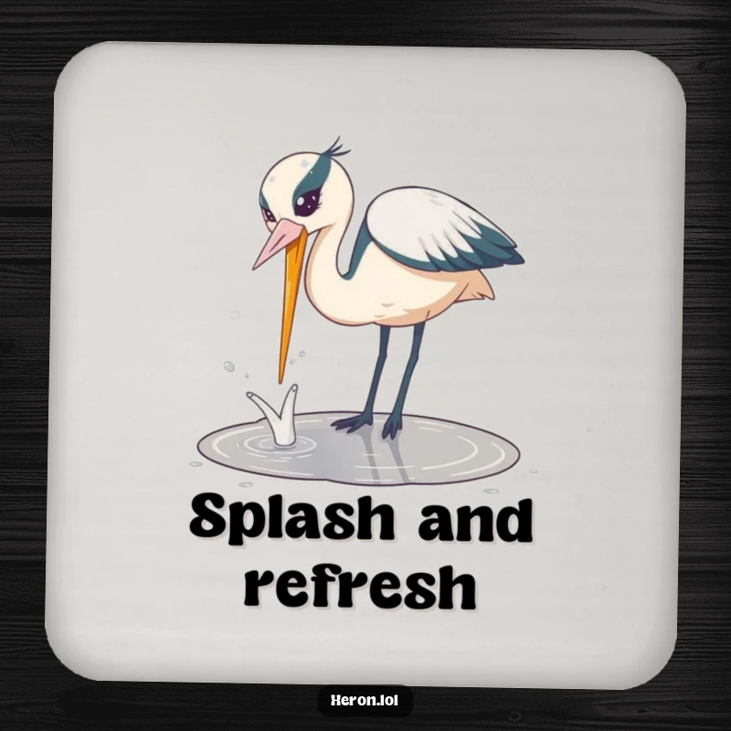 Funny Playful Heron Coasters: Playful heron bird dipping its beak into a puddle with a splash, providing humorous decoration.