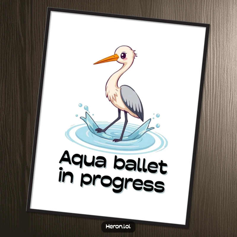 Funny poster of a kawaii heron bird joyfully splashing water with its long legs, creating a whimsical and uplifting visual.