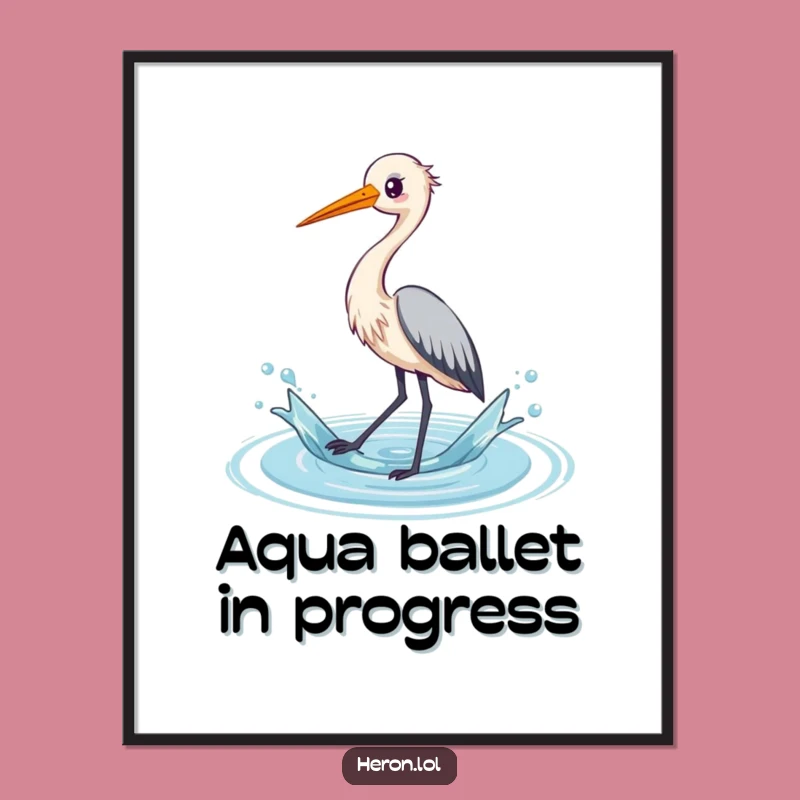 Funny Heron Poster: Kawaii Bird Splashing Water, Playful Wall Art Gift