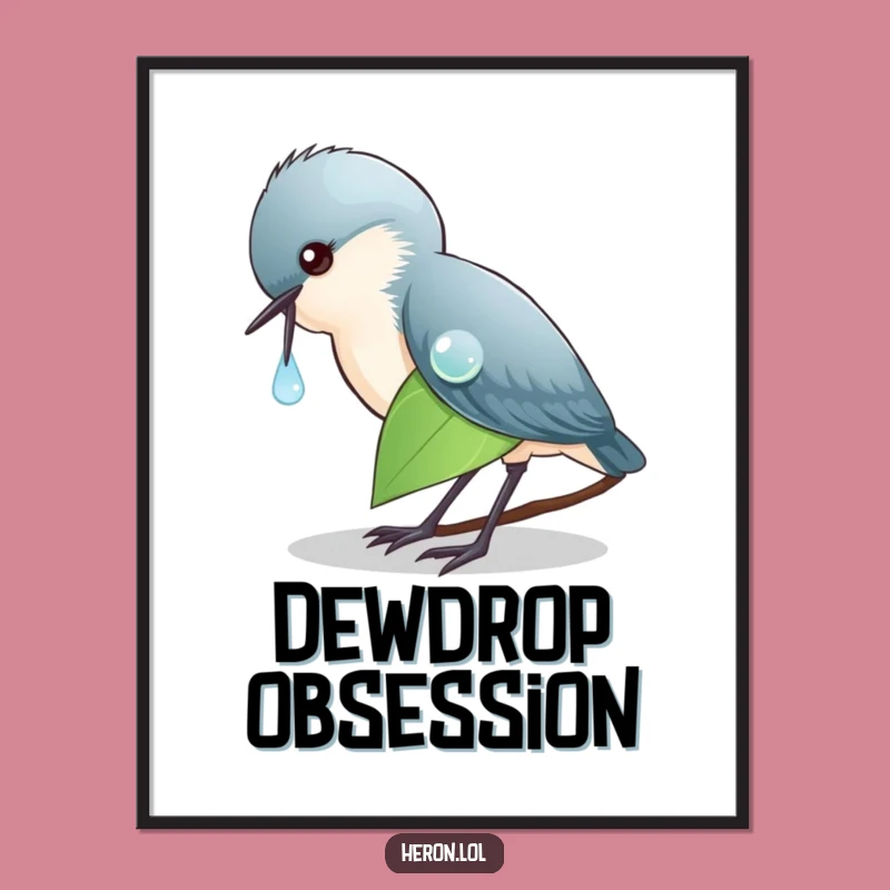 Funny Heron Dewdrop Poster, Whimsical Bird Art Print, Home Decor Gift