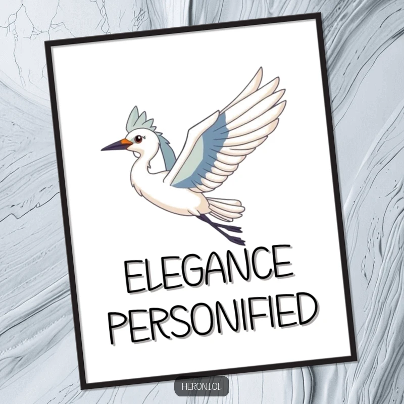 Funny Heron Bird Poster: Elegant wall art of a heron with wings spread, soaring majestically on a gentle breeze.