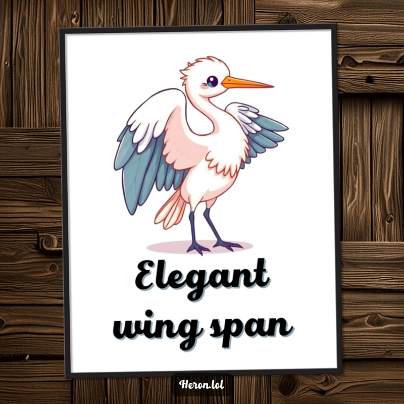 Funny Kawaii Heron Poster: Art print of a bird in elegant wing unfurling motion, adding humorous grace to wall decor.