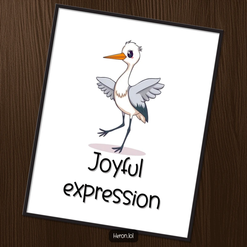 Funny poster of a heron doing a comical tiptoe dance with a wide, delighted grin, showcasing its energetic and joyful personality.