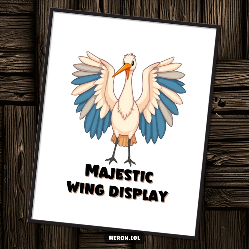 Funny Heron Poster: A graceful heron bird elegantly unfurls its large, colorful wings, creating a visually stunning piece of wall art.