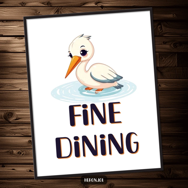 Funny poster of a smiling heron fishing gracefully, beak submerged in shimmering water, bringing a sense of peace and humor.