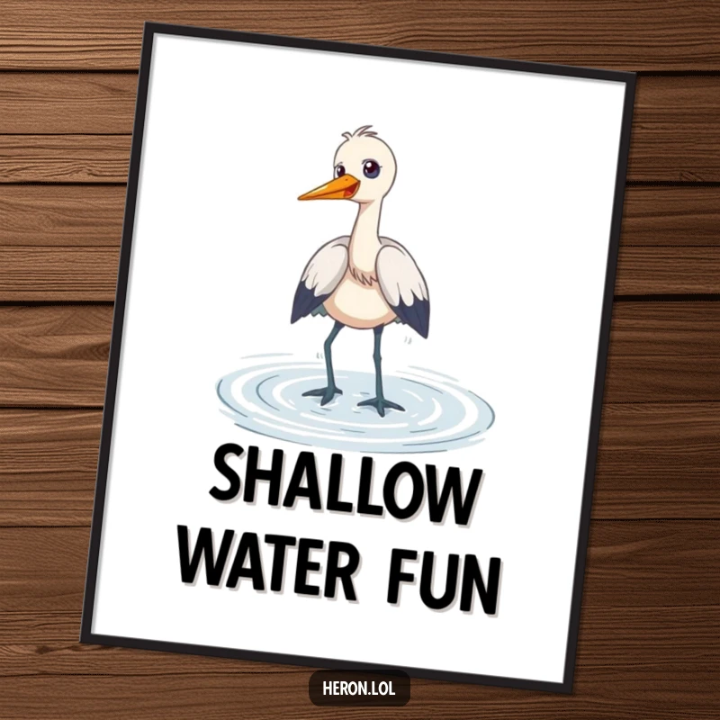 Funny Poster print of a heron wading playfully through shallow water, giggling, symbolizing pure joy and humorous delight for wall decoration.