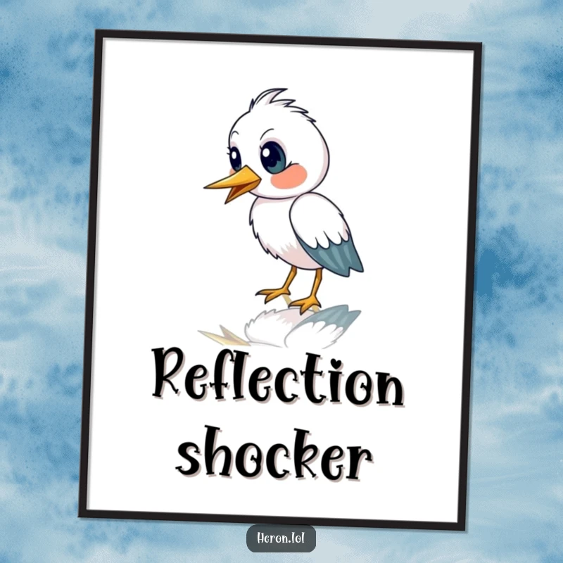 Funny poster print of a cute heron bird with an astonished expression staring at its own reflection, adding humor to decor.