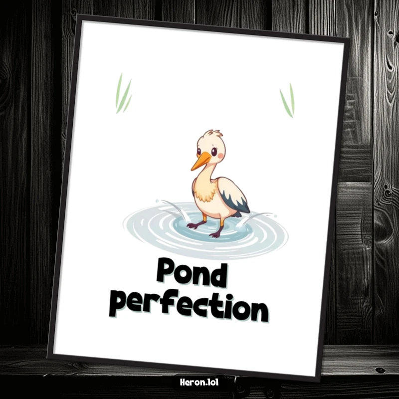 Funny heron poster depicting playful splashing in a shimmering pond, a humorous and lively piece of wall art.