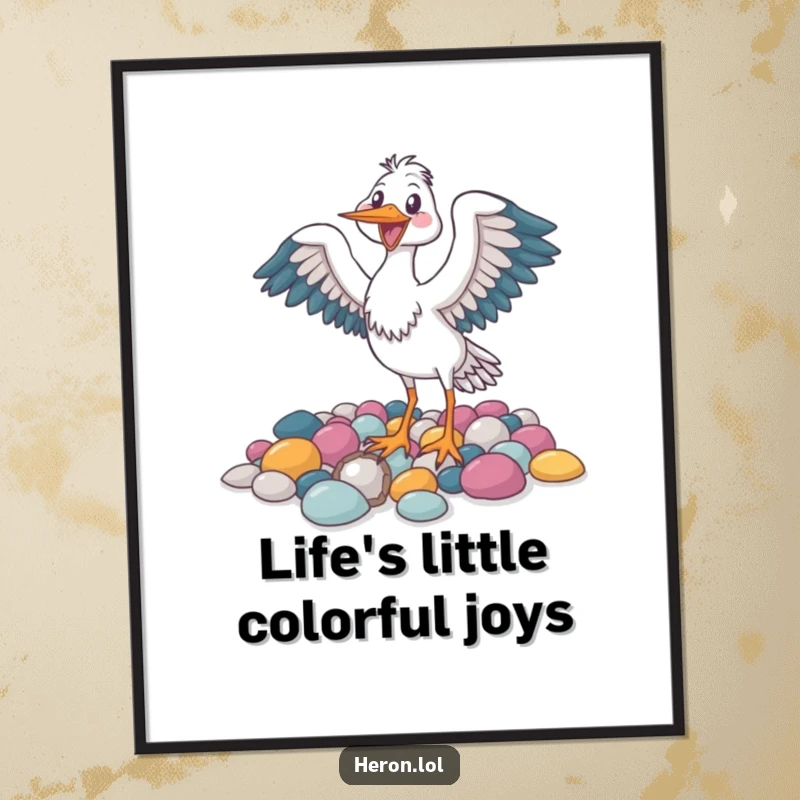 Funny poster capturing a joyful heron bird actively flapping its wings near a selection of colorful pebbles.