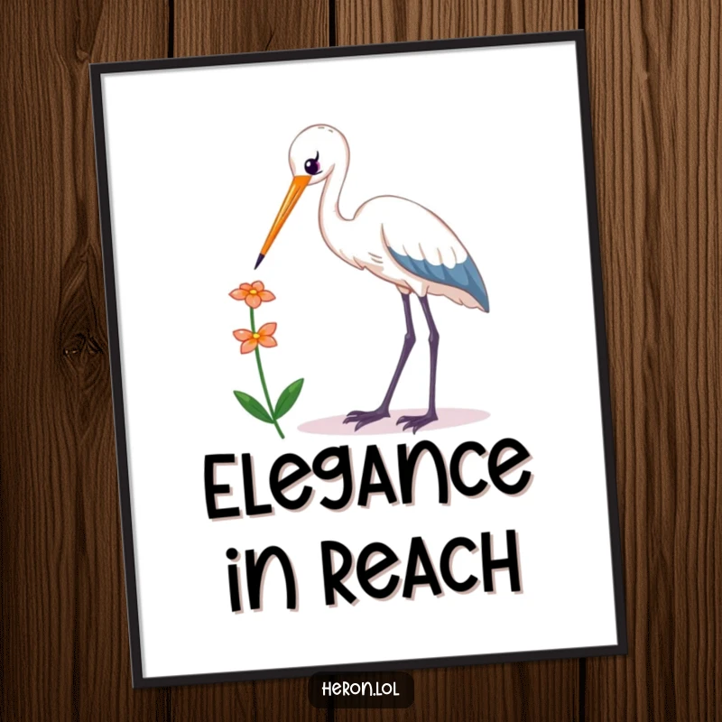 Funny Kawaii Heron Poster: Striking art of a cute bird reaching for a flower, adding humorous elegance to wall decor.