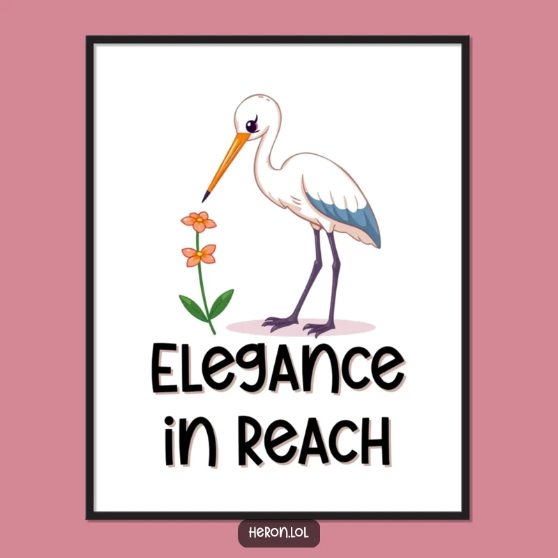 Funny Kawaii Heron Poster: Artistic Bird Reaching Flower, Whimsical Humorous Decor