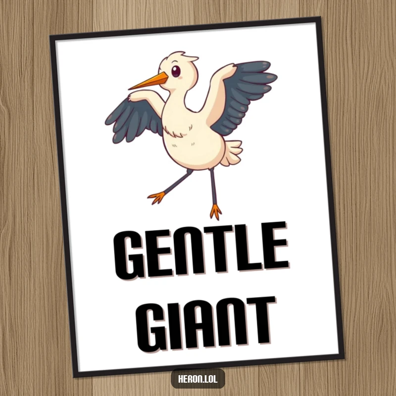 Funny Poster art of a chubby heron flapping its wings, creating a gentle breeze, offering a tranquil and charming visual.