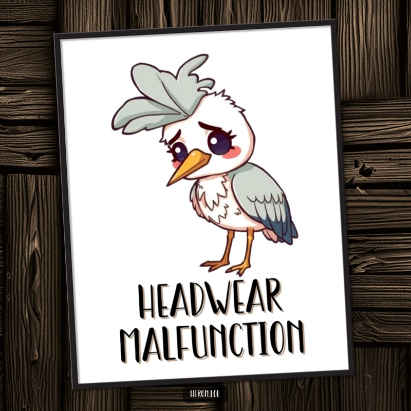 Funny Confused Heron Poster: A heron looks totally bewildered with a comically oversized feather stuck on its head.