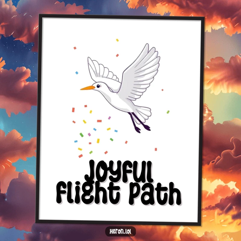 Funny Poster print of a heron flying joyfully with a spectacular trail of colorful confetti streaming behind it, creating a festive atmosphere.